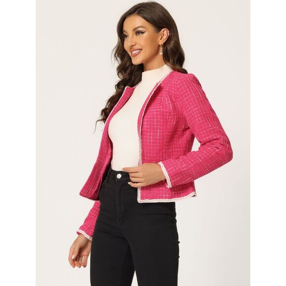 Plaid Tweed Blazer Long Sleeve Open Front Workwear Short Jacket Hot Pink - Picture 3 of 6